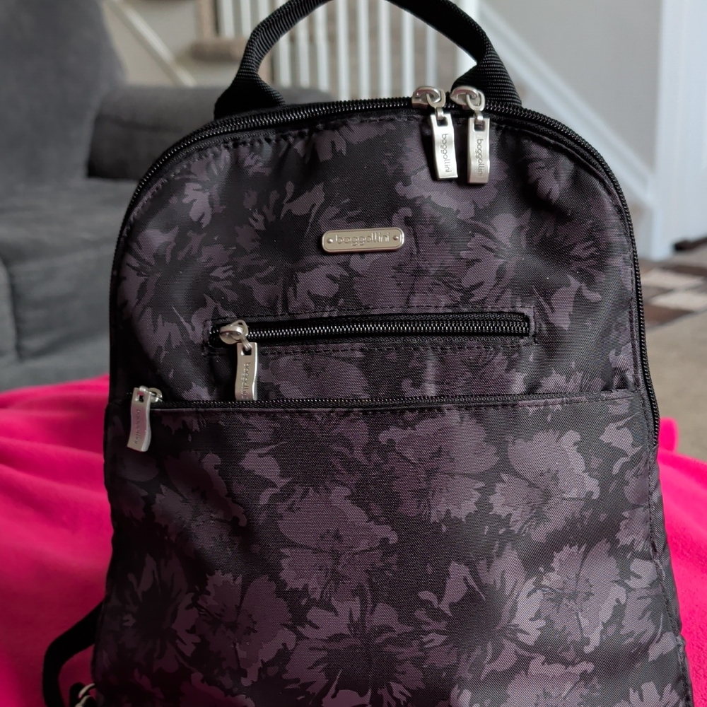 Baggallini Black and Purple Floral Mini Backpack